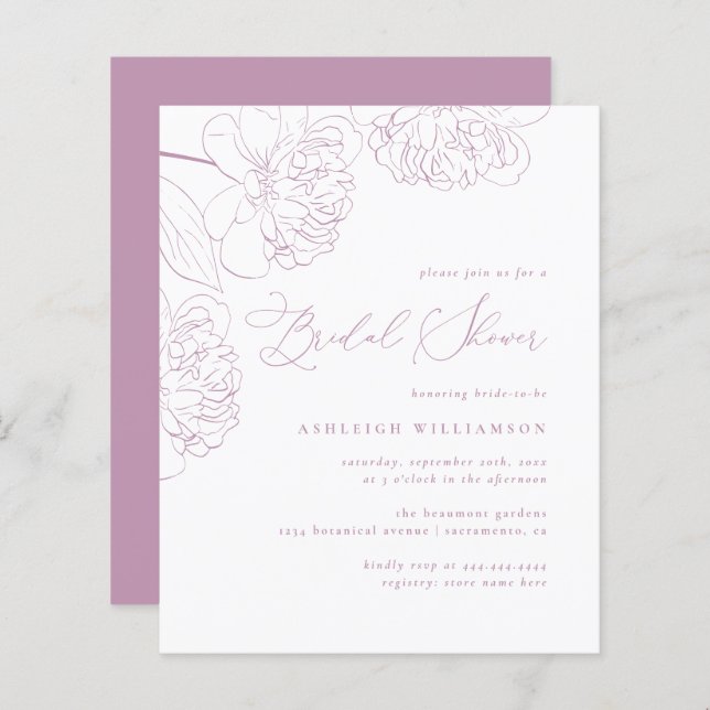 Budget Lilac Hand-drawn Peonies Bridal Shower (Front/Back)