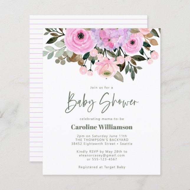 Budget Lilac Pink Floral Cute Baby Shower Invite (Front/Back)