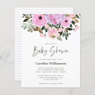 Budget Lilac Pink Floral Cute Baby Shower Invite
