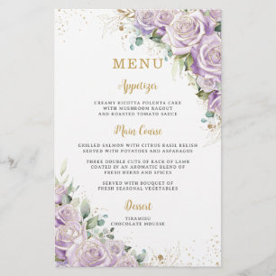 Budget Lilac Purple Rose Floral Flowers Menu Sheet