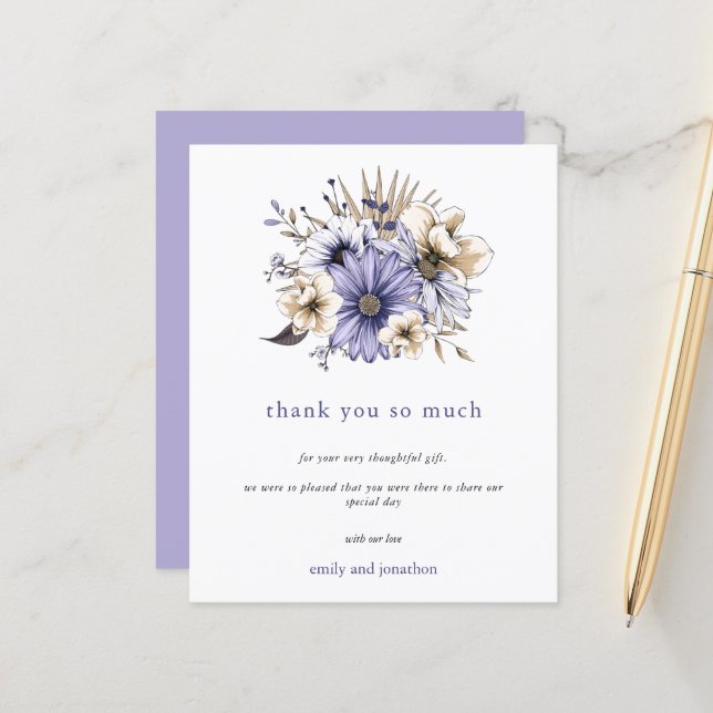 Budget Lilac Watercolor Florals Wedding Thank You (Front/Back In Situ)