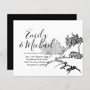 Budget Lineart Cabin in Woods Wedding Invite