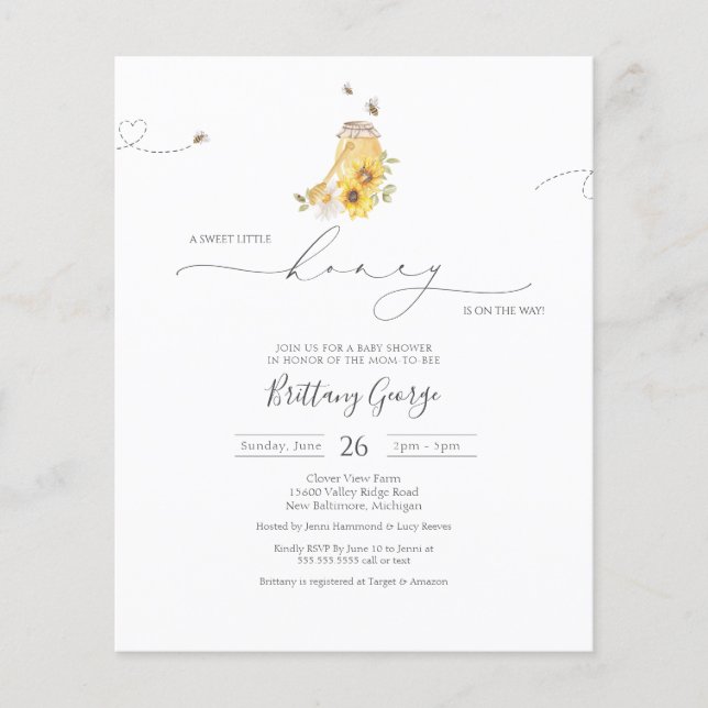 Budget Little Honey Bee Baby Shower Invitation (Front)
