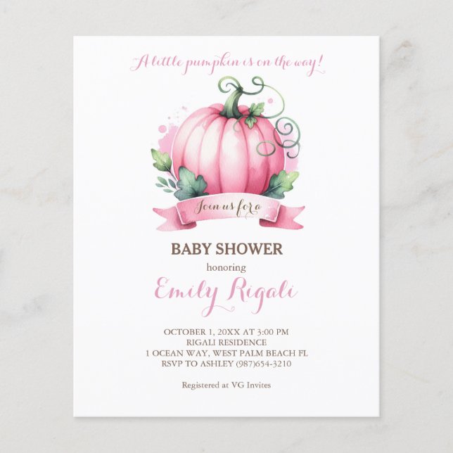 Budget Little Pumpkin Baby Shower Invitation Girl Flyer (Front)