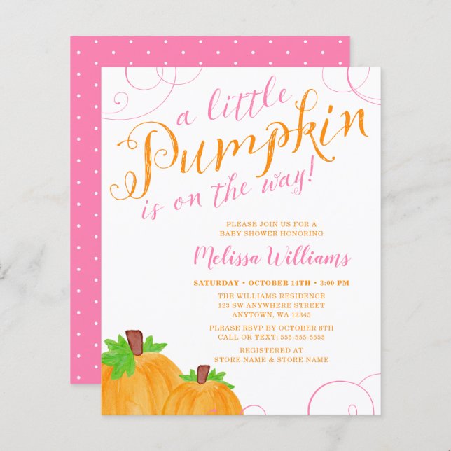 Budget Little Pumpkin Fall Pink Girl Baby Shower (Front/Back)
