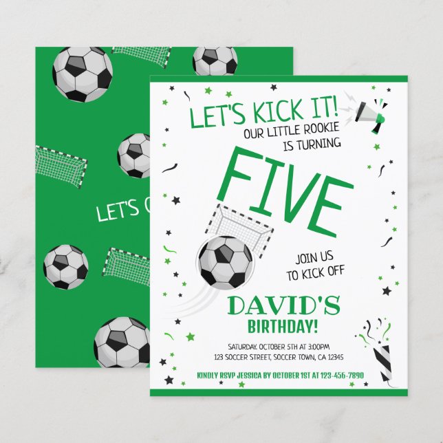 Budget Little Rookie Soccer Green Birthday Invite (Front/Back)