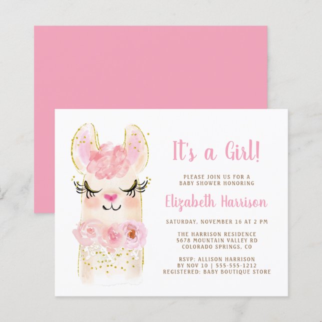 Budget Llama Pink Baby Girl Shower Invitation (Front/Back)