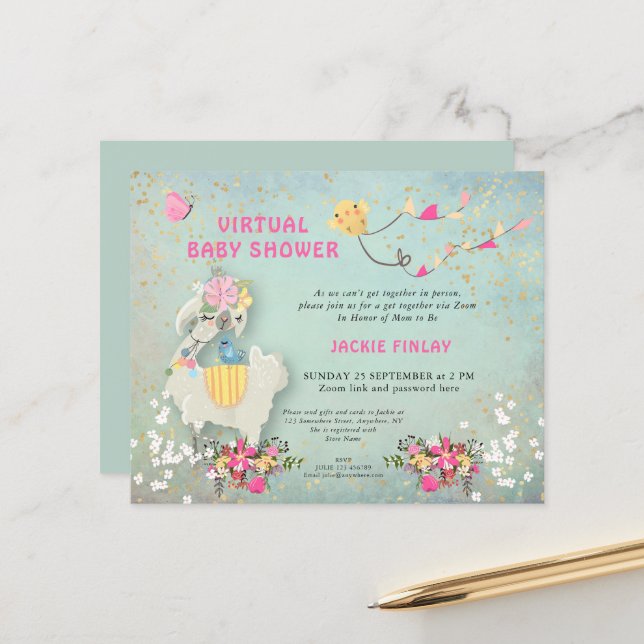 Budget Llama Virtual Baby Shower Sage Invitation (Front/Back In Situ)