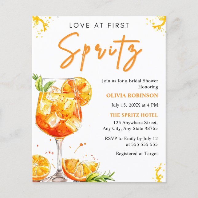 Budget Love at First Spritz Bridal Shower Invite  Flyer (Front)