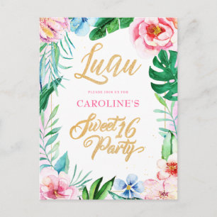 Budget Luau Tropical Floral Hawaiian Sweet 16 Invitation Postcard