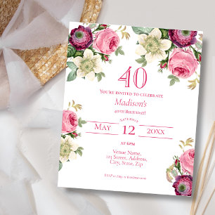 Budget Magenta Floral 40th Birthday Invitation