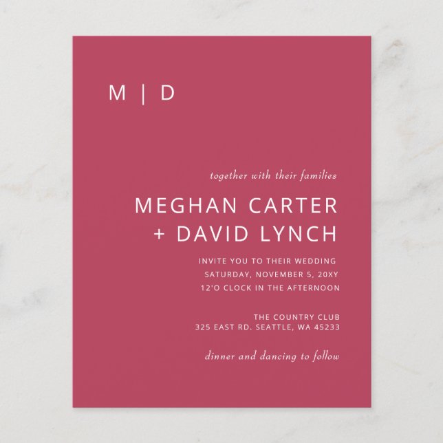Budget Magenta Monogram Wedding Invitation (Front)
