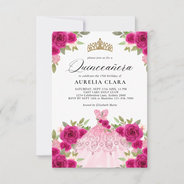 BUDGET Magenta Pink Dress Floral 15th Quinceañera Card (Front)