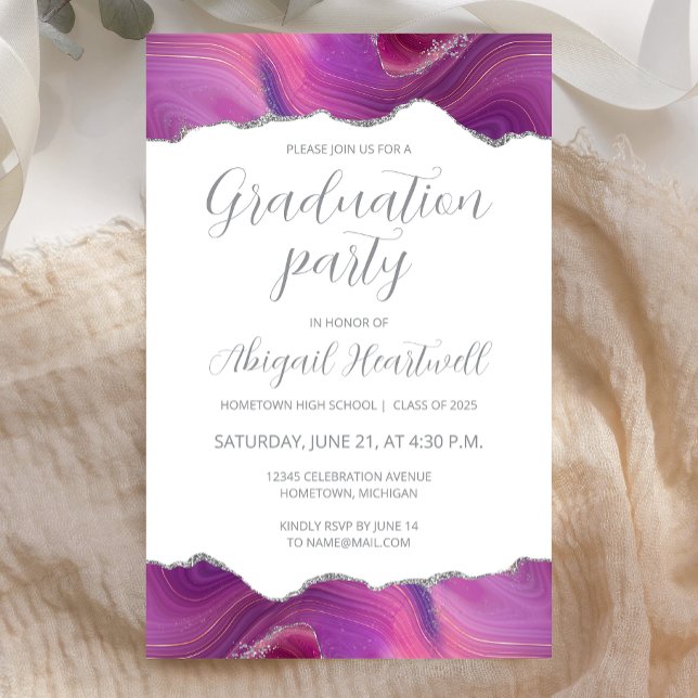 Budget Magenta Silver Agate Grad Party Invite (Creator Uploaded)