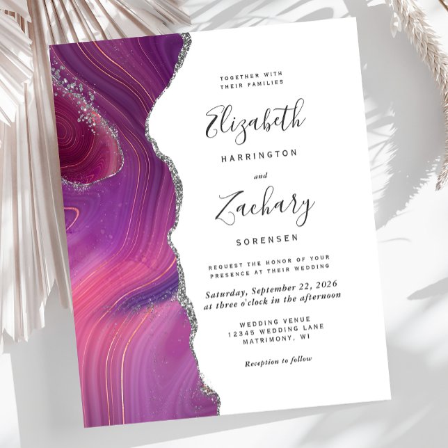 Budget Magenta Silver Agate Wedding Invitation (Creator Uploaded)