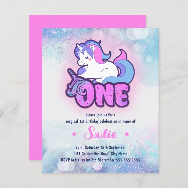 Budget Magical Sparkle Unicorn 1st Birthday Invite (Front/Back)