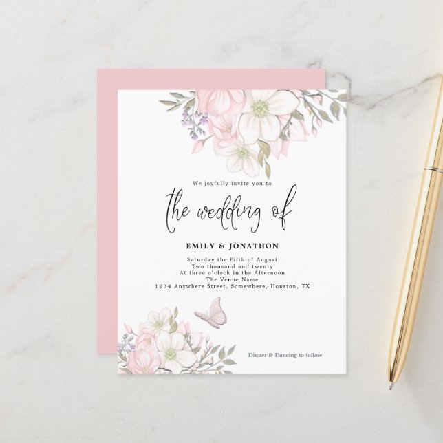 Budget Magnolia Butterfly Wedding Invitation (Front/Back In Situ)