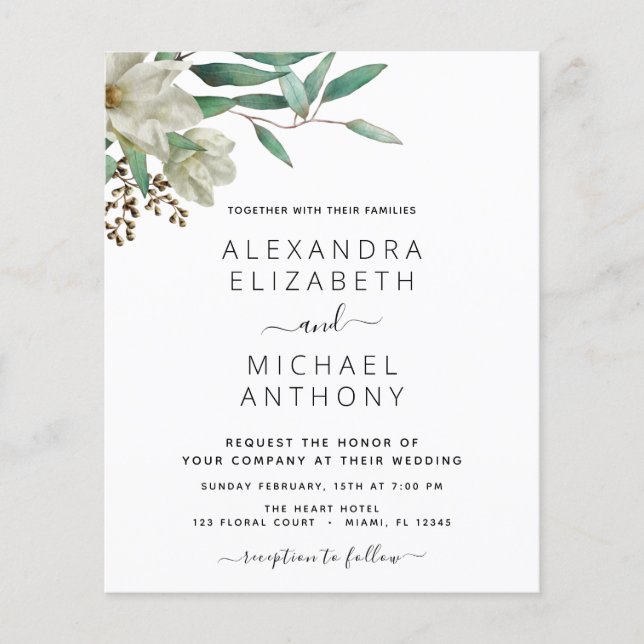 Budget Magnolia Eucalyptus Elegant Wedding Flyer (Front)