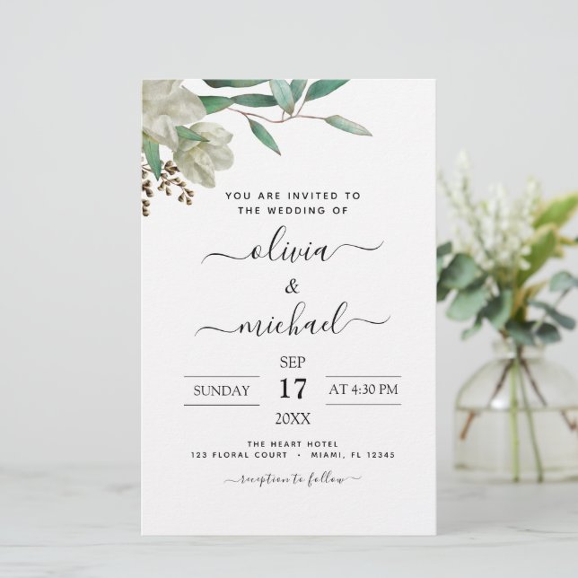 Budget Magnolia Eucalyptus Wedding Invitation (Standing Front)