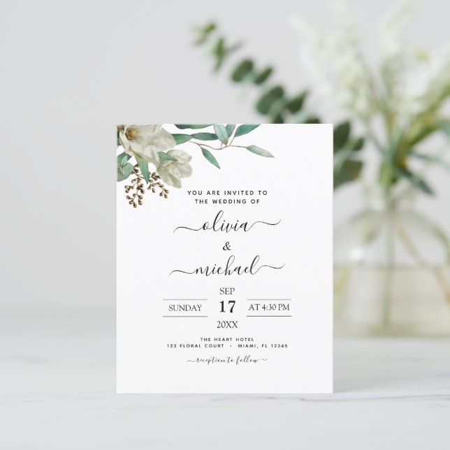 Budget Magnolia Eucalyptus Wedding Invitation (Standing Front)