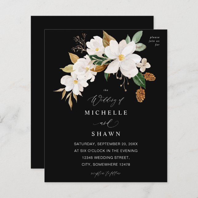 Budget Magnolia White Floral Wedding - Black (Front/Back)