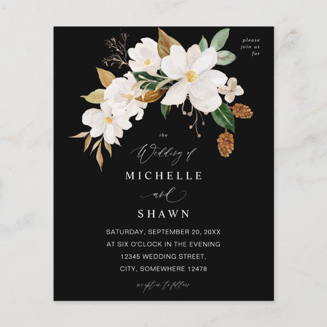 Budget Magnolia White Floral Wedding - Black Flyer (Front)