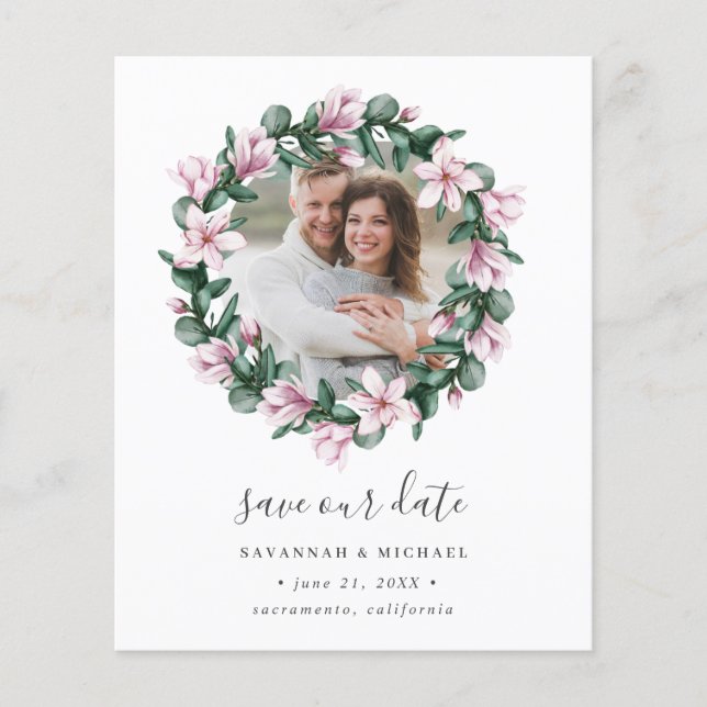 BUDGET Magnolia Wreath Photo wedding save the date (Front)