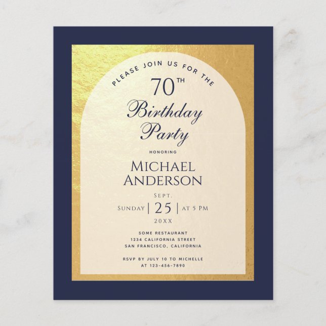 Budget Man 70th Birthday Navy Blue Gold Invitation (Front)