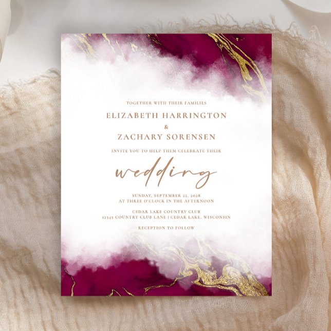 Budget Marble Burgundy Red Gold Wedding Invitation (Creator Uploaded)