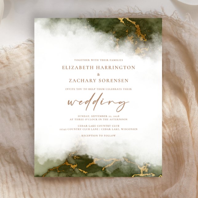 Budget Marble Olive Green Gold Wedding Invitation (Creator Uploaded)