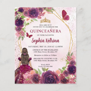 Budget Maroon Red Gold Floral Princess Quinceañera