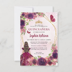 Budget Maroon Red Gold Floral Princess Quinceañera Card