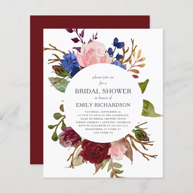 Budget Marsala Floral Bridal Shower Invitation (Front/Back)