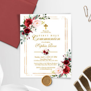 Budget Marsala & Gold First Communion Invitation