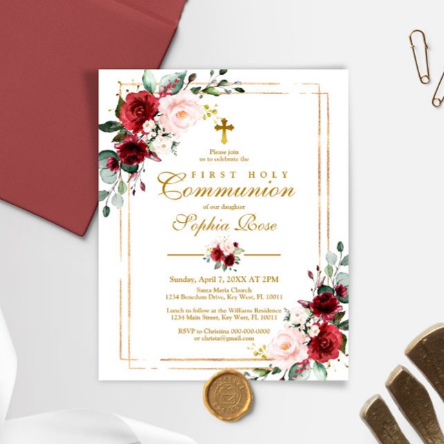 Budget Marsala & Gold First Communion Invitation (Creator Uploaded)