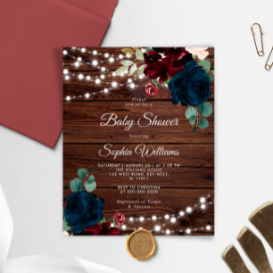 Budget Marsala & Navy Wood Baby Shower Invitation