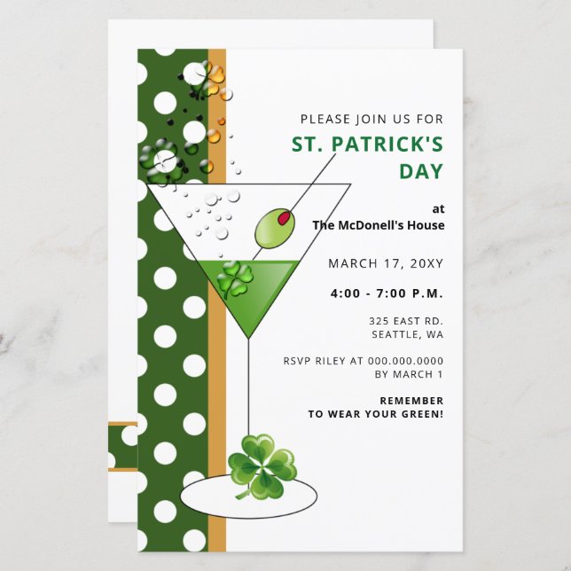 Budget Martini St Patricks Day Party Invitation (Front/Back)