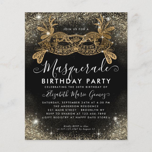 Budget Masquerade Black Gold Glam Glitter Birthday (Front)