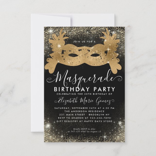 Budget Masquerade Black Gold Glam Glitter Birthday Card (Front)