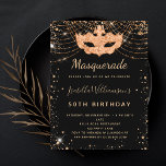 Budget masquerade black gold glitter dust birthday<br><div class="desc">For an elegant Masquerade,  50th (or any age) birthday.  A stylish black background. Decorated with faux gold glitter dust and a masquerade mask.  Personalise and add a name,  age and party details. The name is written with a hand lettered style script</div>