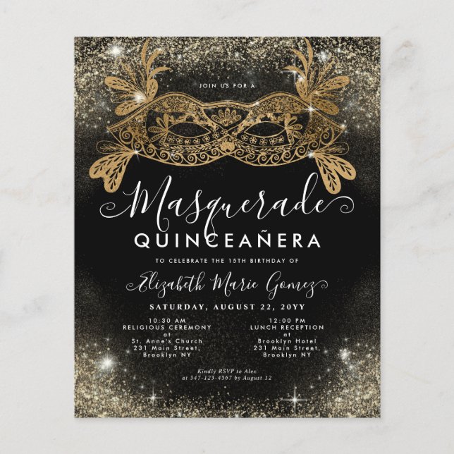 Budget Masquerade Black Gold Glitter Quinceanera (Front)