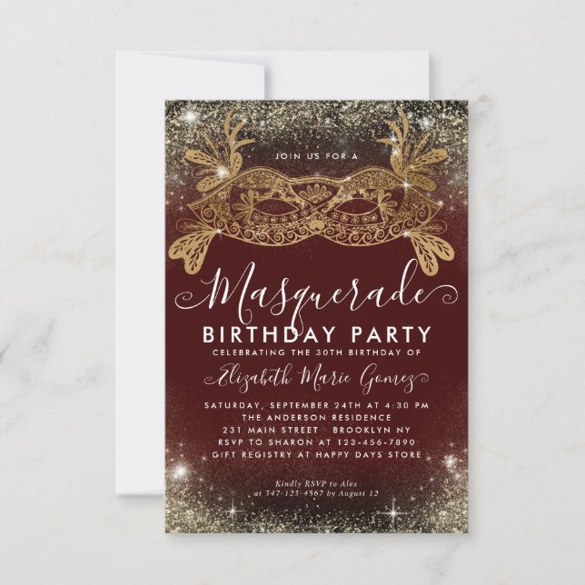 Budget Masquerade Burgundy Gold Glitter Birthday Card (Front)