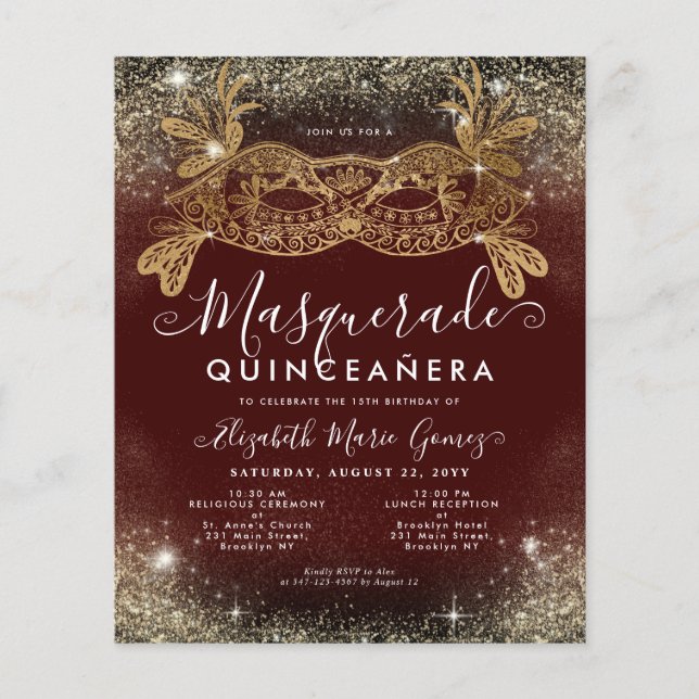 Budget Masquerade Burgundy Red Gold Glitter Quince (Front)