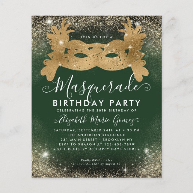 Budget Masquerade Green Gold Glam Glitter Birthday (Front)