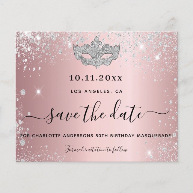 Budget masquerade party blush pink save the date (Front)