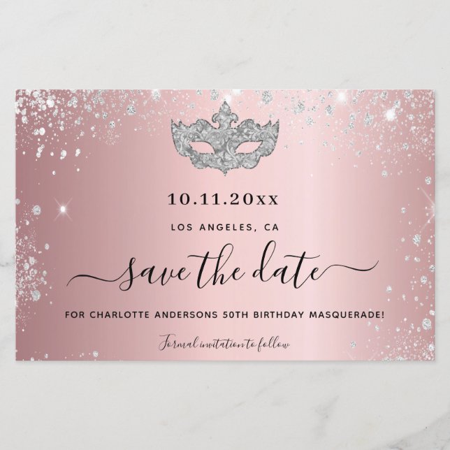 Budget masquerade party blush pink save the date (Front)
