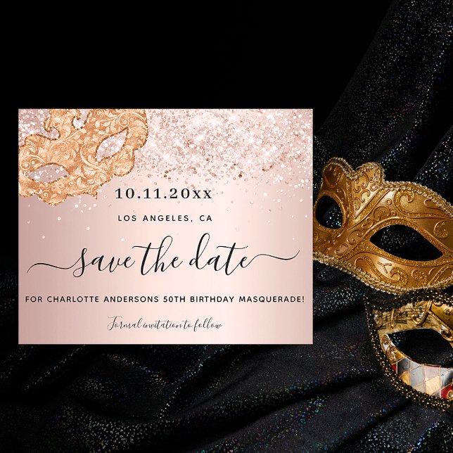 Budget masquerade party rose gold save the date (Creator Uploaded)