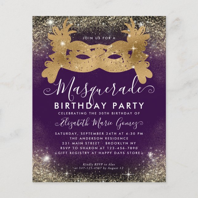 Budget Masquerade Purple Gold Glitter Birthday (Front)
