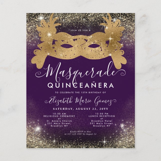 Budget Masquerade Purple Gold Glitter Quinceanera (Front)