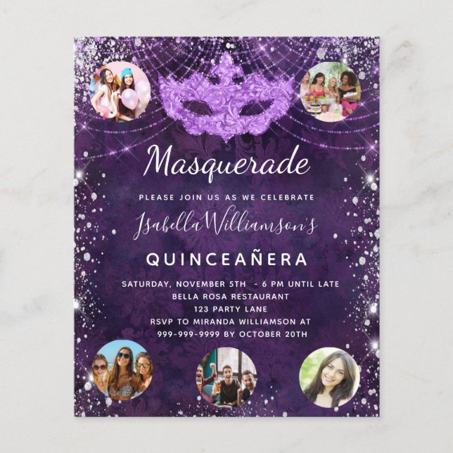 Budget Masquerade purple Quinceanera invitation (Front)